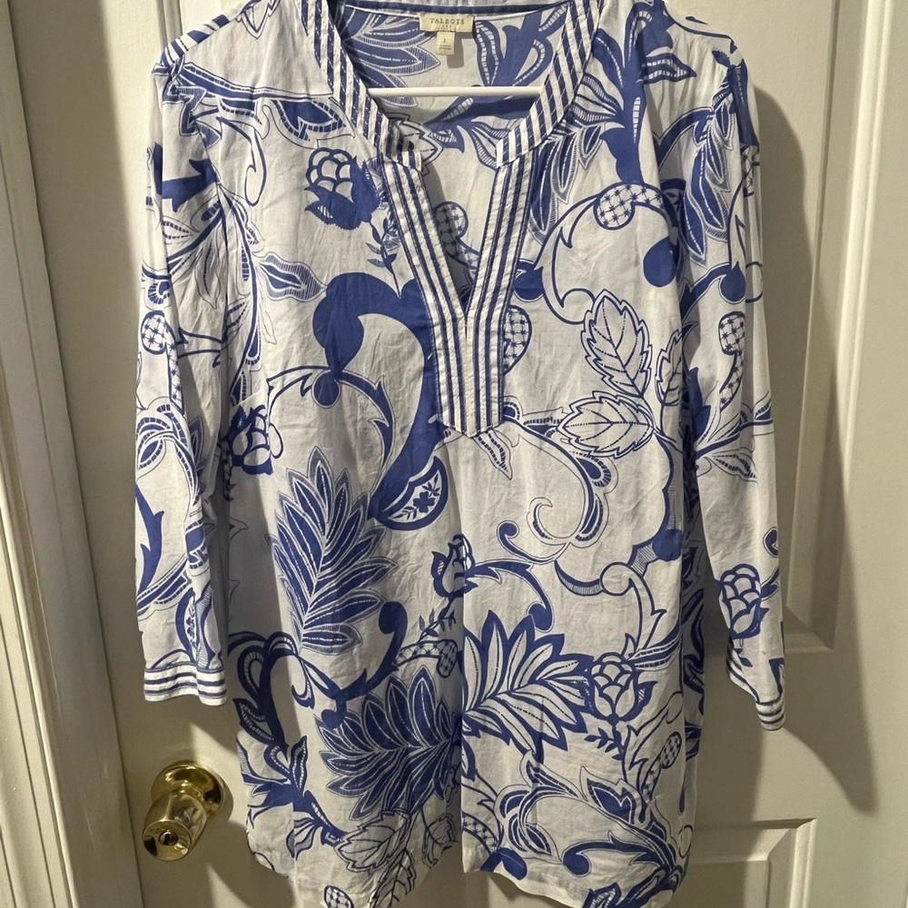 Talbots Blue and White Leaf Print Top